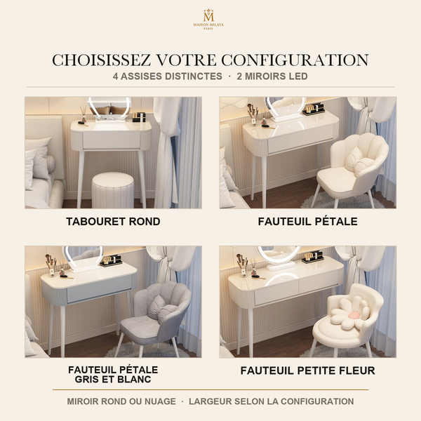 Toeletta compatta Maison Milaya — quattro sedute e due specchi LED