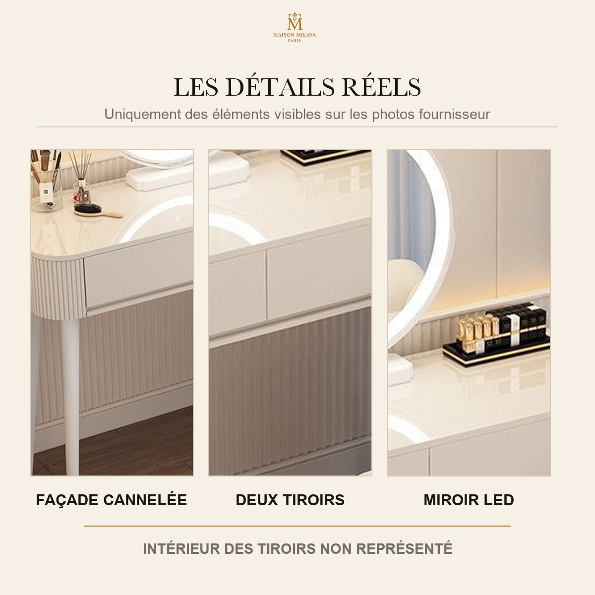 Tocador compacto Maison Milaya — frontal acanalado, dos cajones y espejo LED