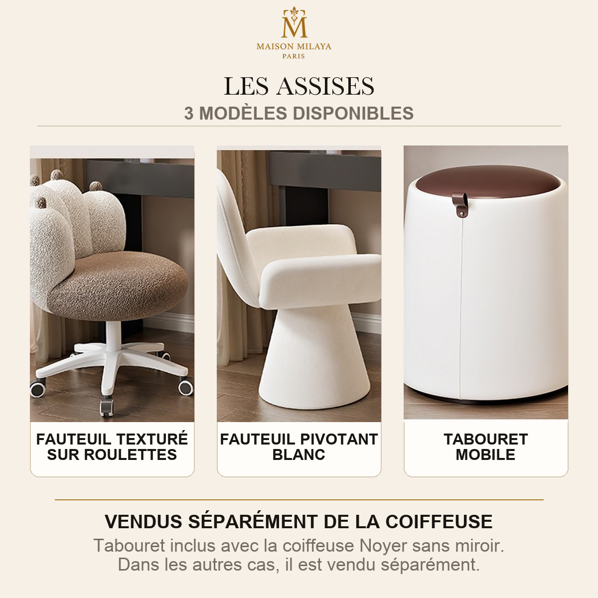 Asientos vendidos por separado para el tocador modular Maison Milaya Paris