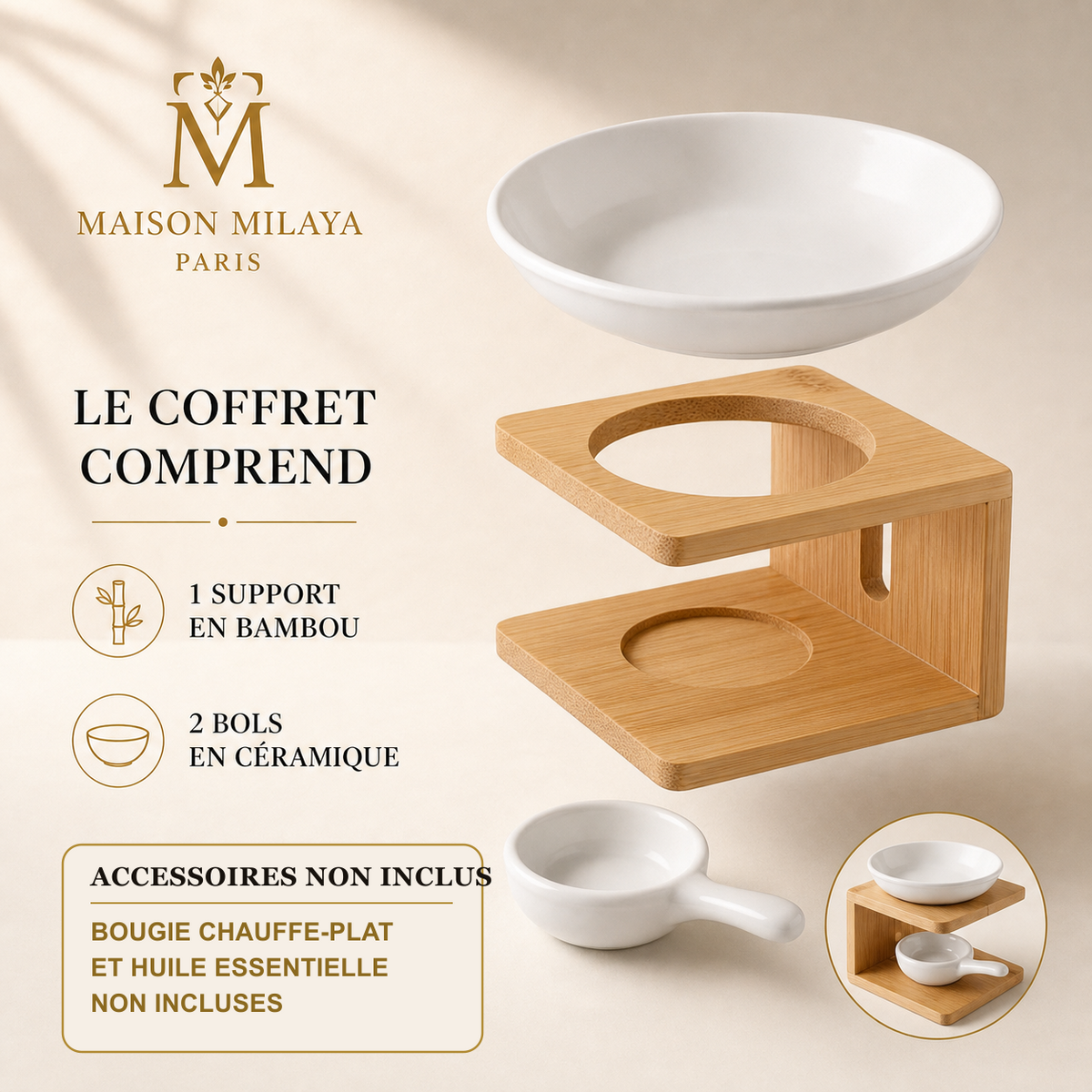 Diffusore in bambù naturale – set con supporto e due ciotole in ceramica, accessori non inclusi