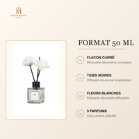 Diffuseur de parfum 50 ml Maison Milaya Paris – flacon carré, tiges noires et fleurs blanches