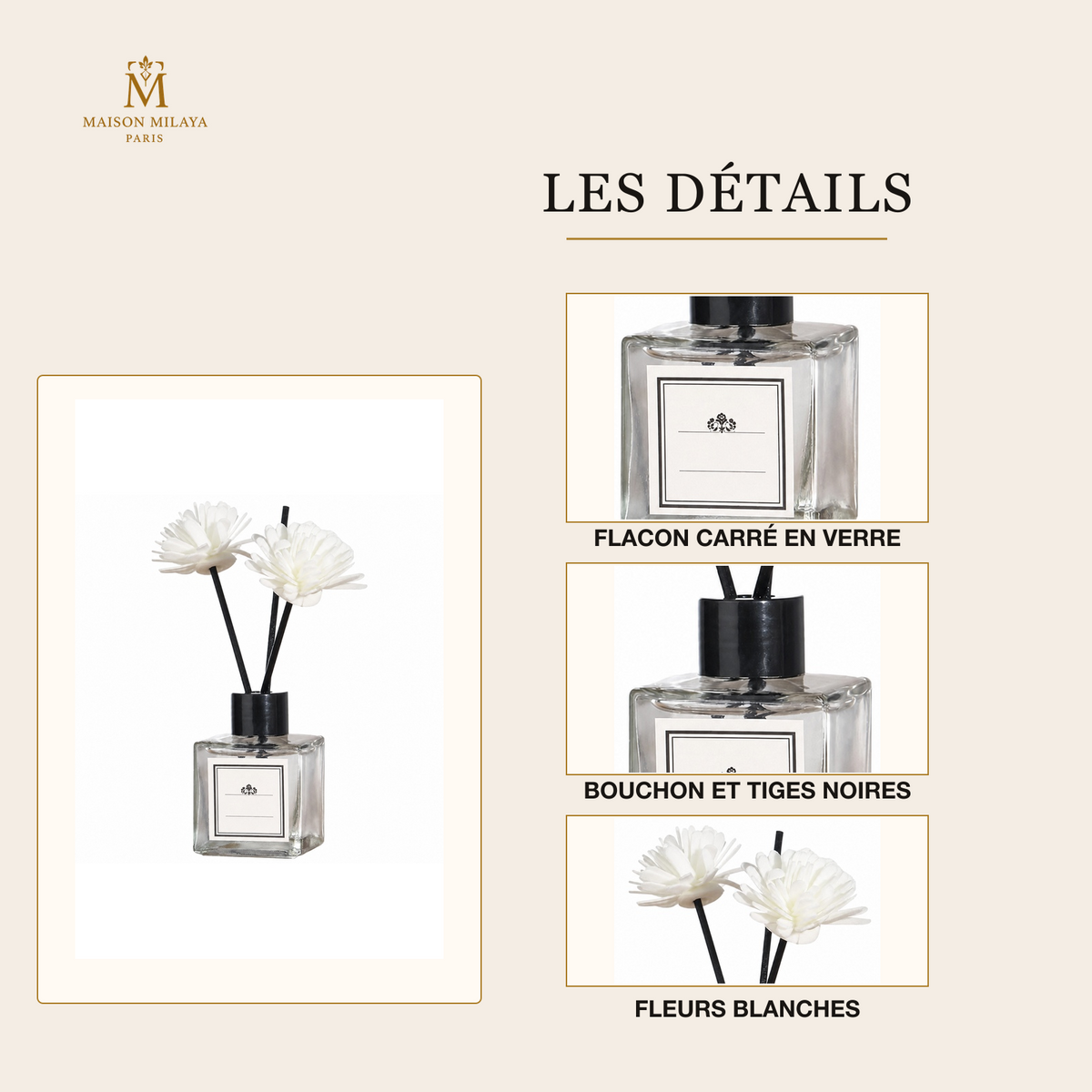 Diffuseur de parfum Maison Milaya Paris – détails du flacon, du bouchon, des tiges et des fleurs