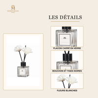 Diffuseur de parfum Maison Milaya Paris – détails du flacon, du bouchon, des tiges et des fleurs
