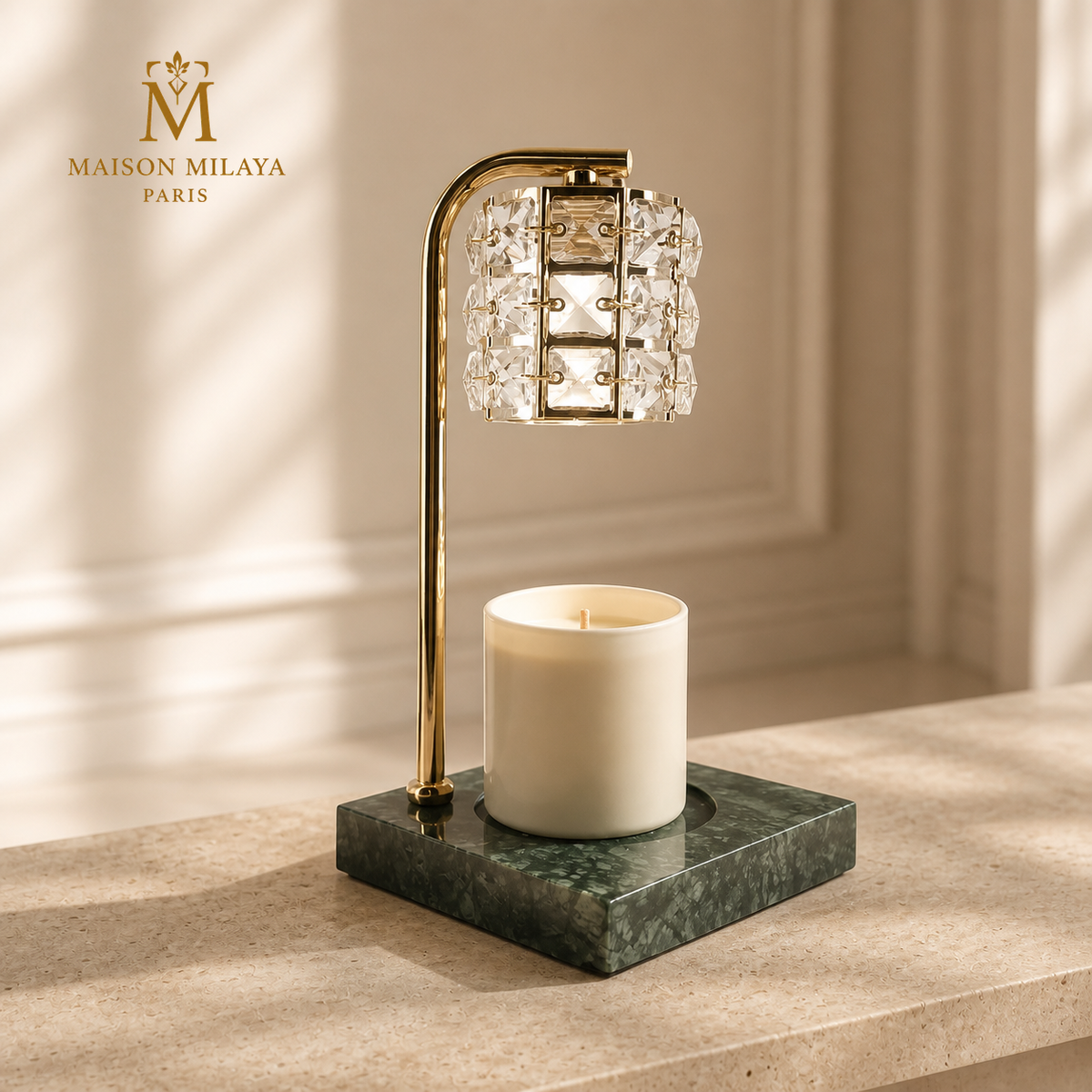Lampe chauffe-bougie à abat-jour carré facetté et base carrée verte