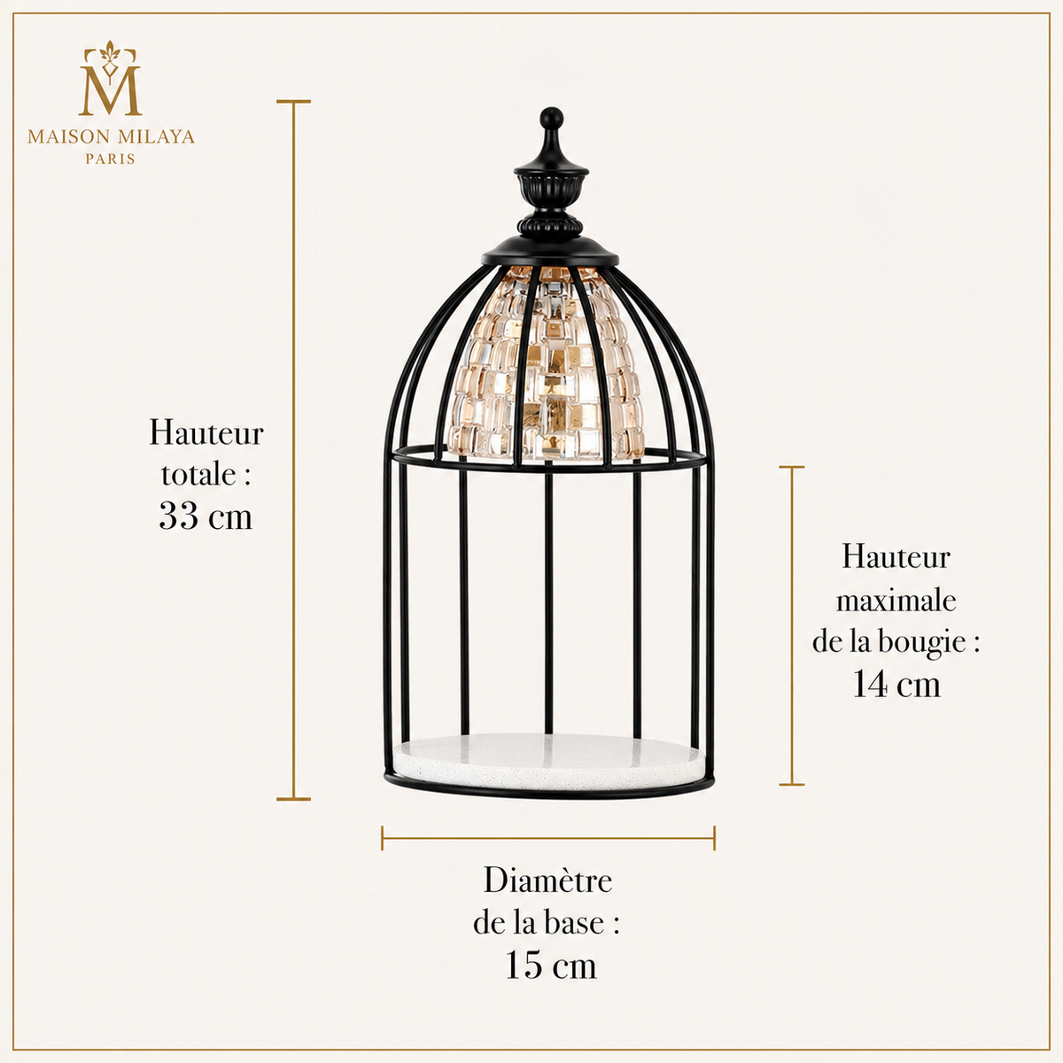 Dimensions de la lampe chauffe-bougie rétro : 33 cm de haut et 15 cm de diamètre – Maison Milaya Paris