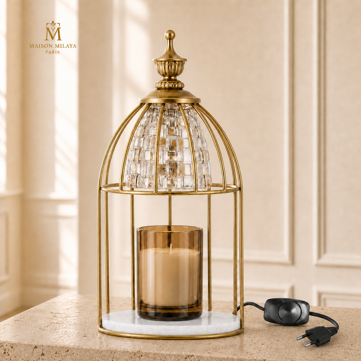 Lampe chauffe-bougie rétro dorée avec variateur à molette et prise européenne – Maison Milaya Paris