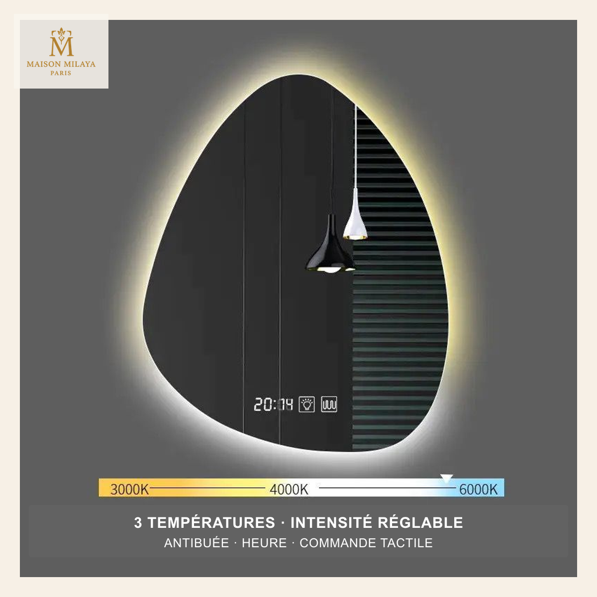 Specchio LED a goccia con comando touch — funzione antiappannamento, ora, temperatura e illuminazione regolabile