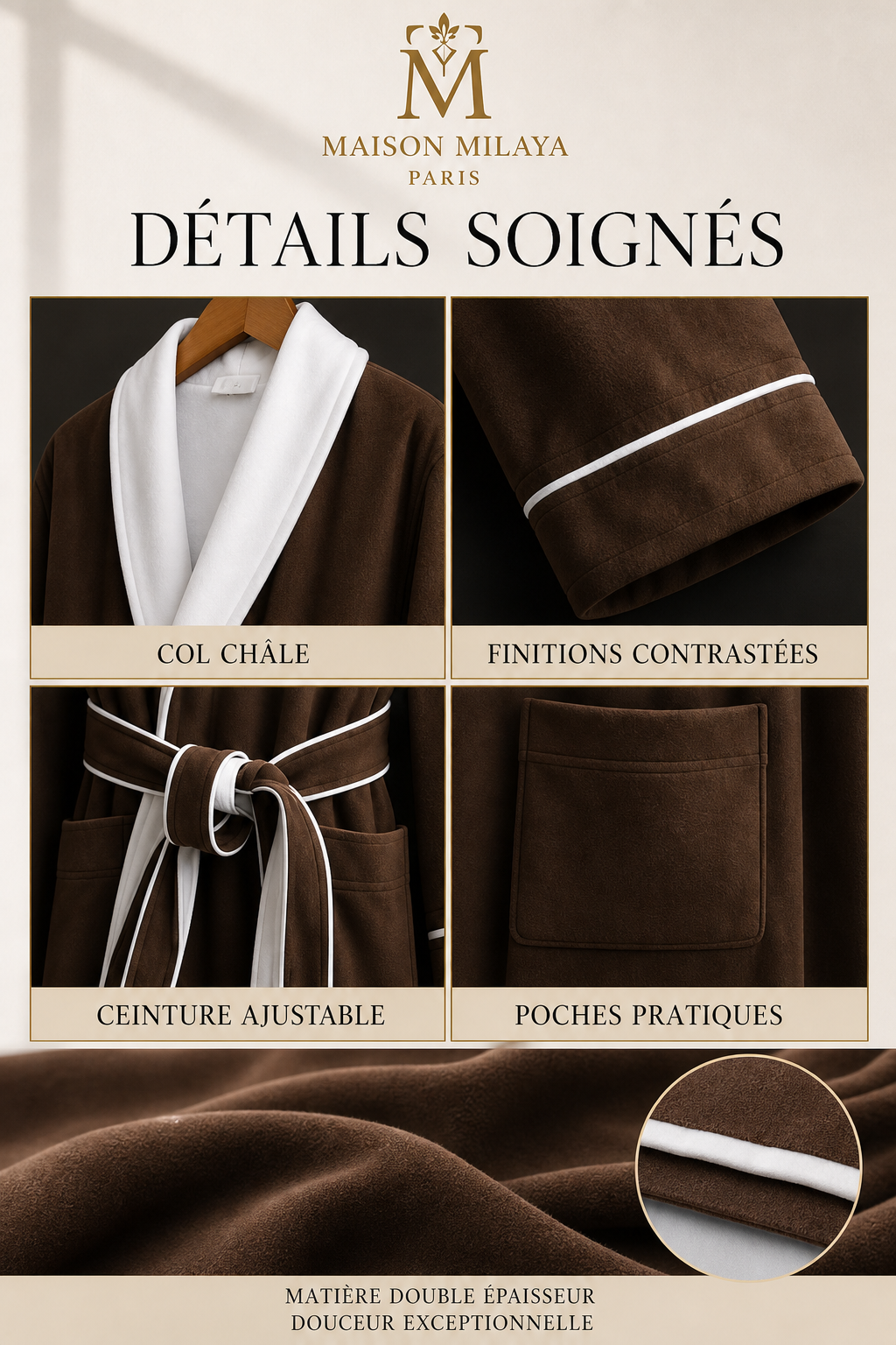 Détails du Peignoir Palace : col châle, finitions contrastées, ceinture et poches