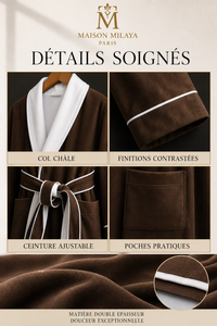 Détails du Peignoir Palace : col châle, finitions contrastées, ceinture et poches