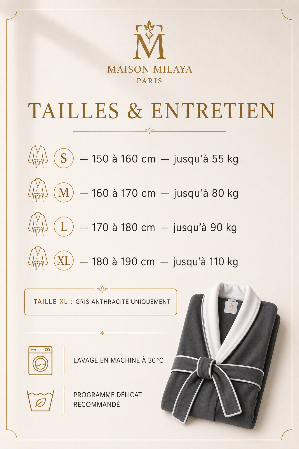Guide des tailles et entretien du Peignoir Palace Maison Milaya