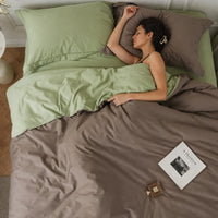 Completo letto in cotone a fibra lunga — marrone terra e verde bambù