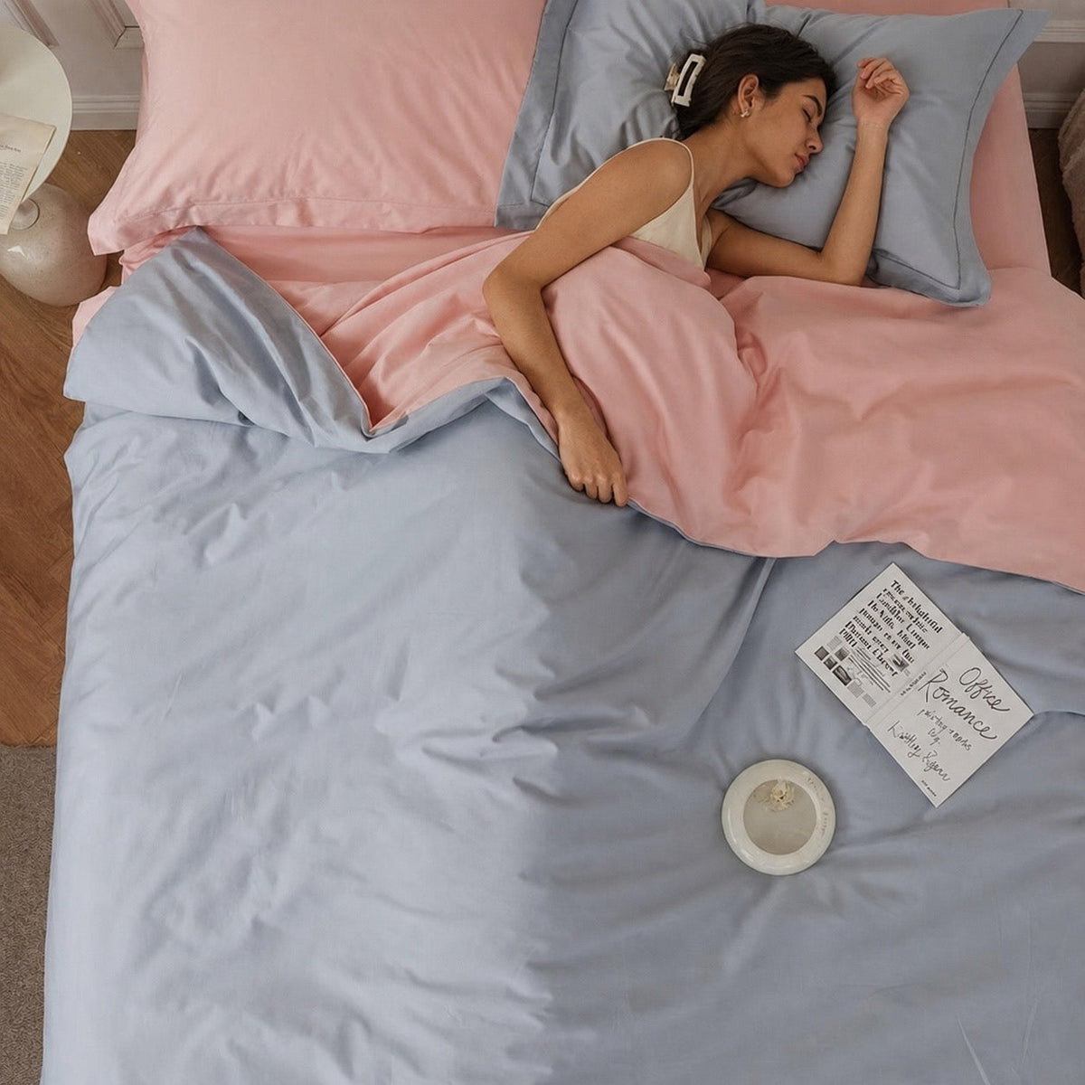 Completo letto in cotone a fibra lunga — lilla e blu sereno
