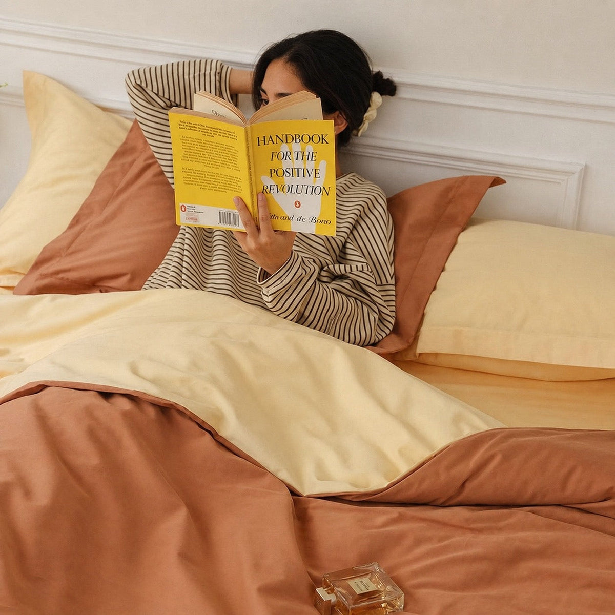 Completo letto in cotone a fibra lunga — arancione caramello e giallo crema