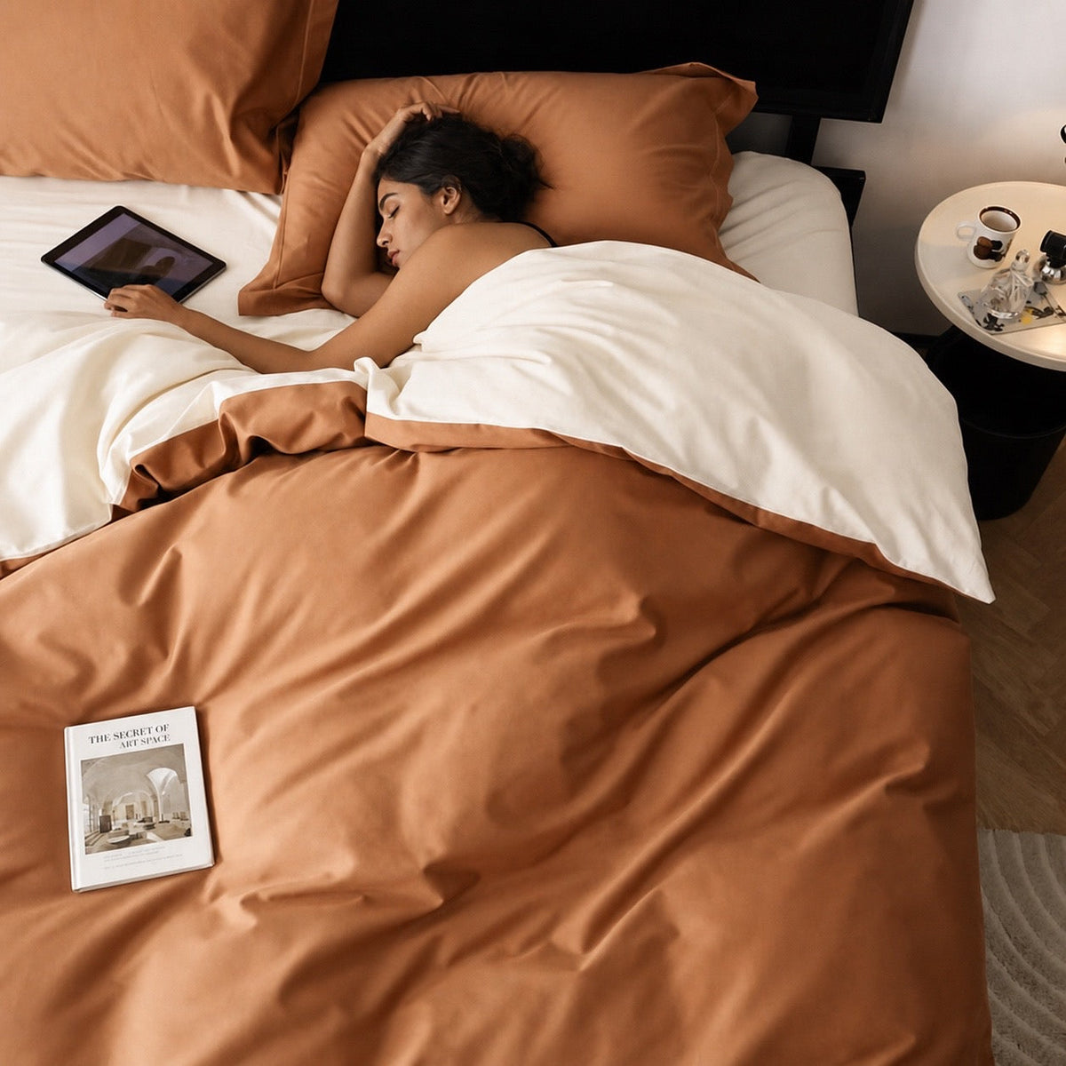 Completo letto in cotone a fibra lunga — arancione caramello e Yami