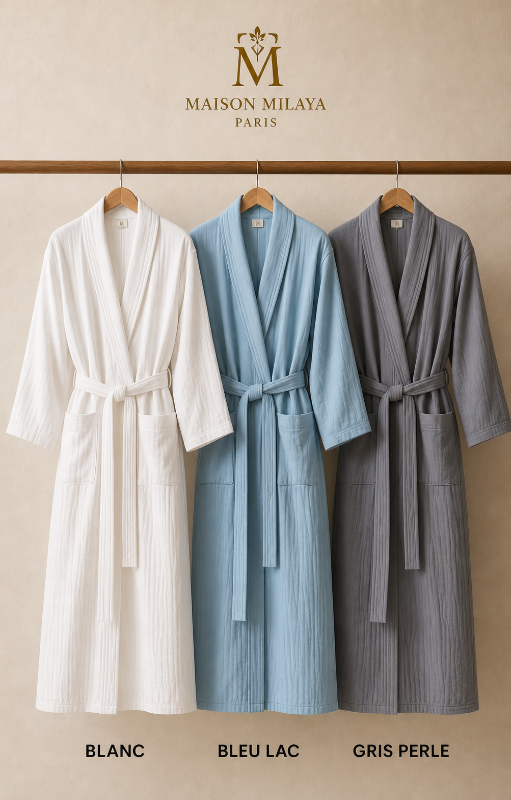 Peignoir Maison Milaya disponible en blanc, bleu lac et gris perle