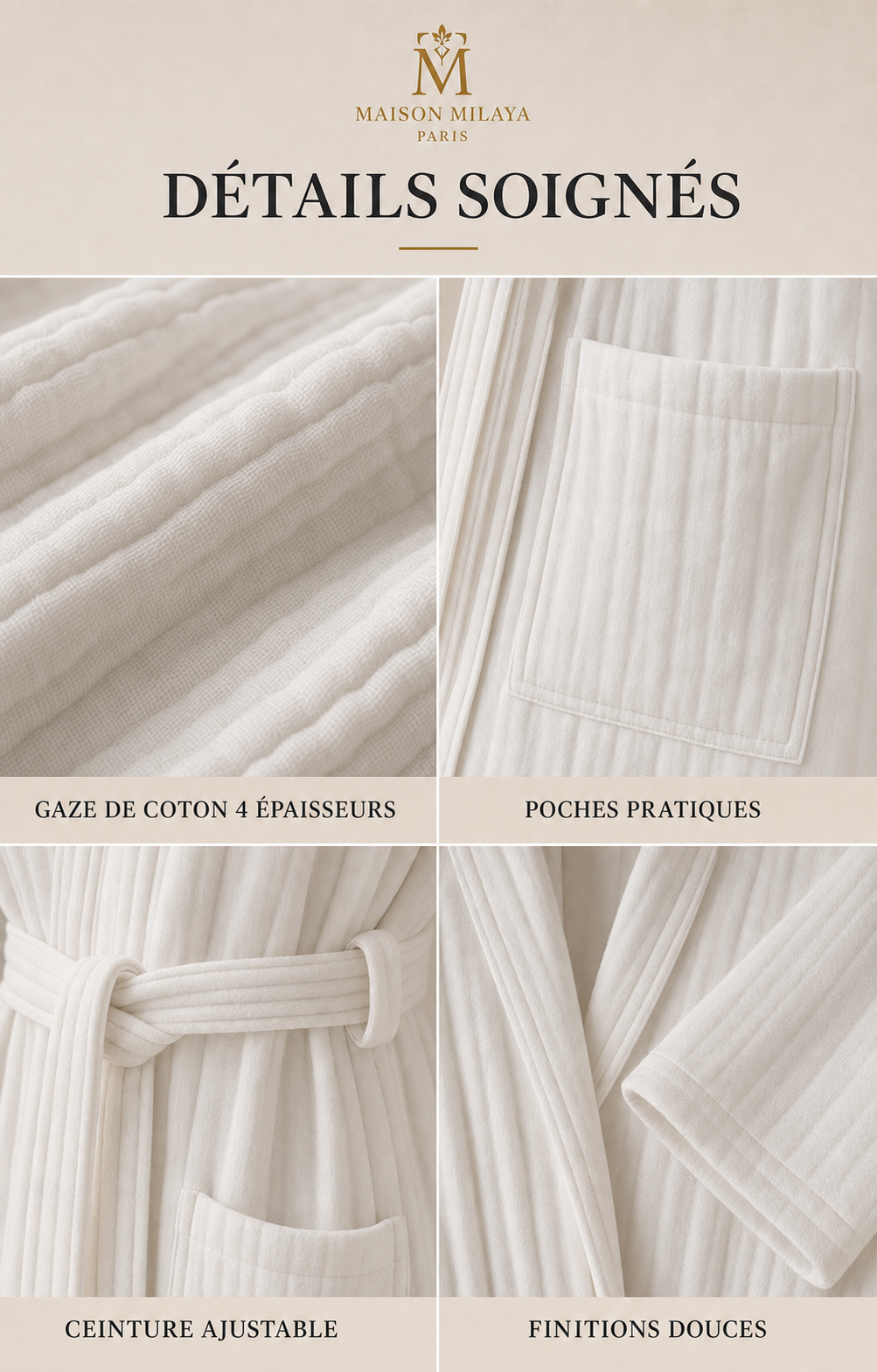 Détails du peignoir Maison Milaya : gaze de coton, poches, ceinture et finitions