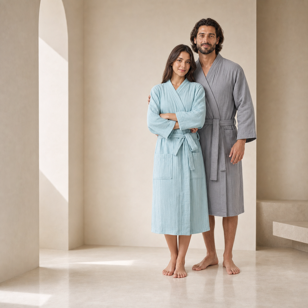 Femme en peignoir bleu lac et homme en peignoir gris Maison Milaya Paris