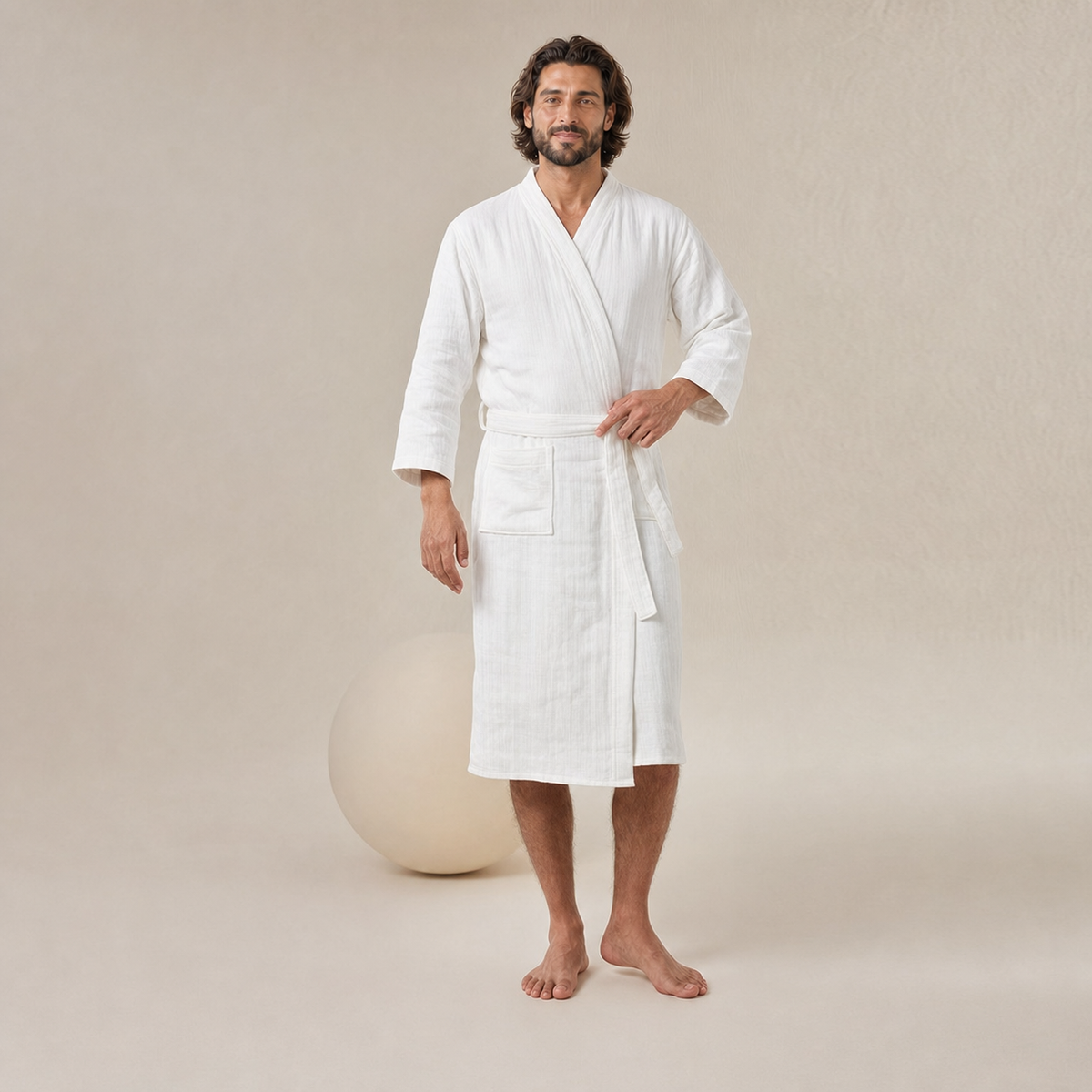 Bademantel aus Baumwollgaze — Kimonokragen — Weiß