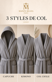Trois styles de col du peignoir Maison Milaya : capuche, kimono et col châle