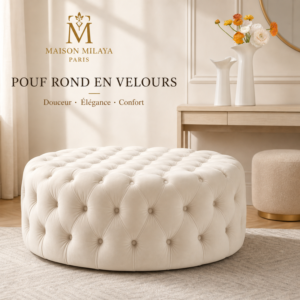 Pouf rond en velours Maison Milaya – vue principale