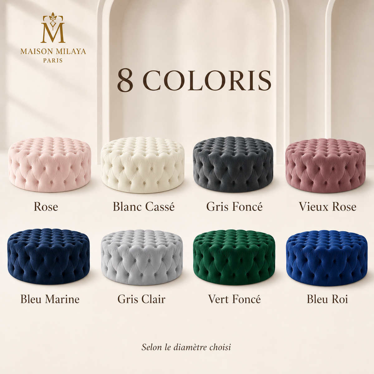 Pouf rond en velours – huit coloris disponibles