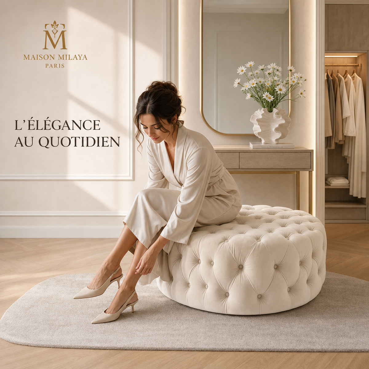 Pouf rond en velours Maison Milaya – mise en scène dans un dressing