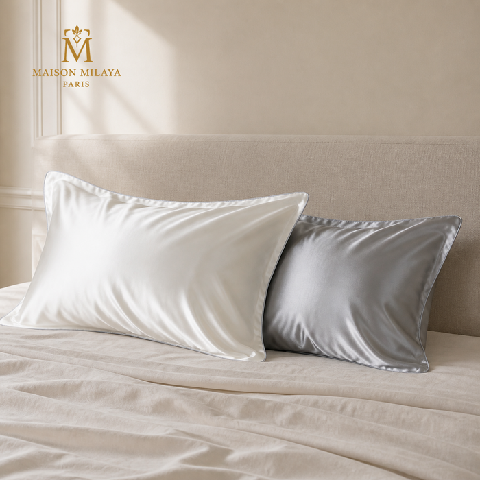 Lot personnalisé de deux taies d’oreiller en soie de mûrier, blanc et gris perle – Maison Milaya