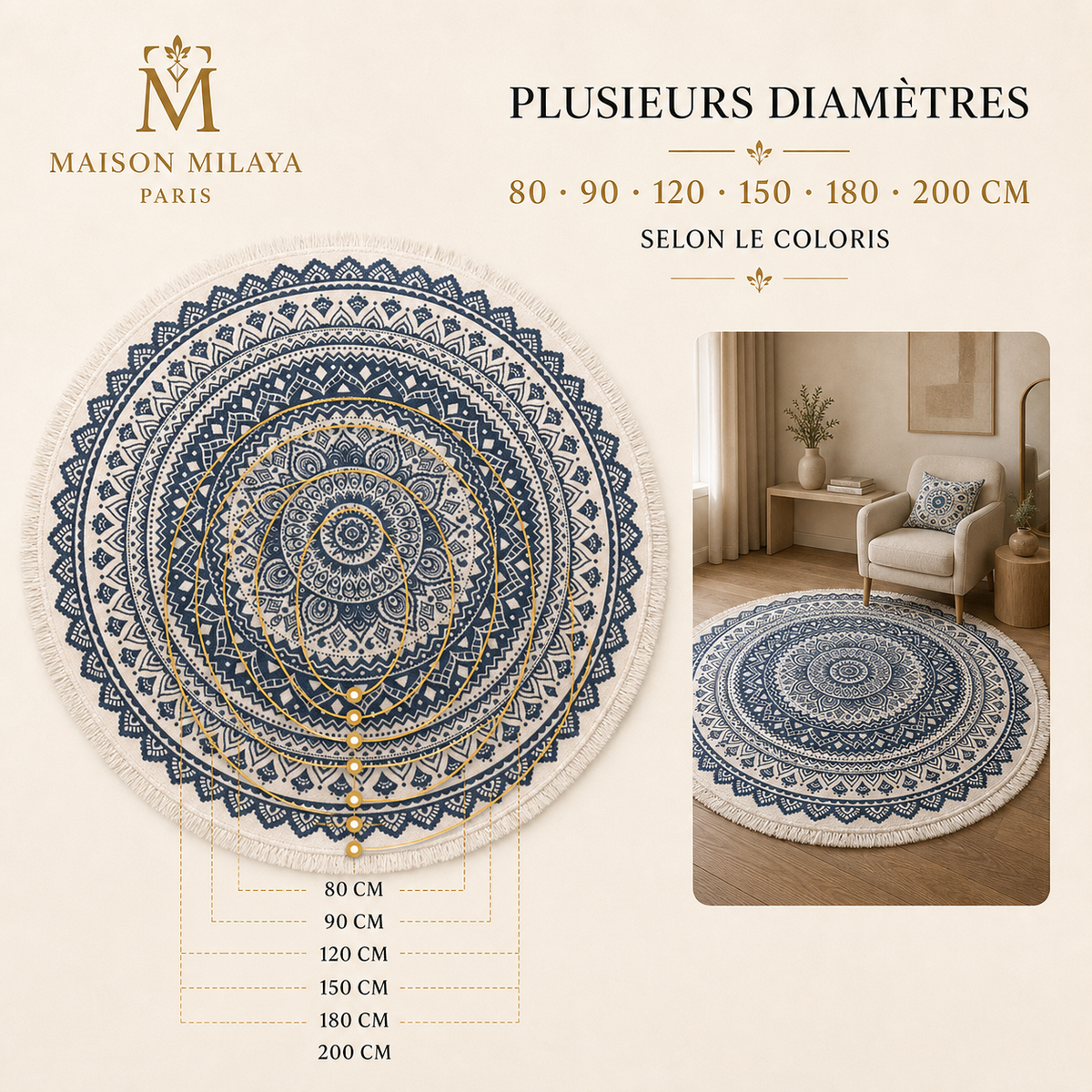 Tapis rond imitation coton et lin – diamètres disponibles