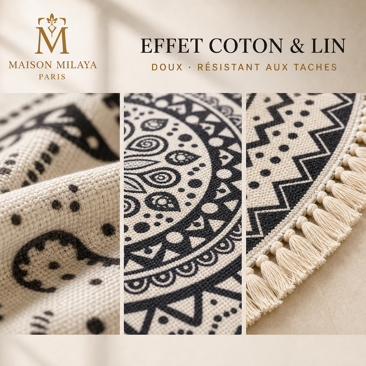 Tapis rond – détail de la matière et des franges