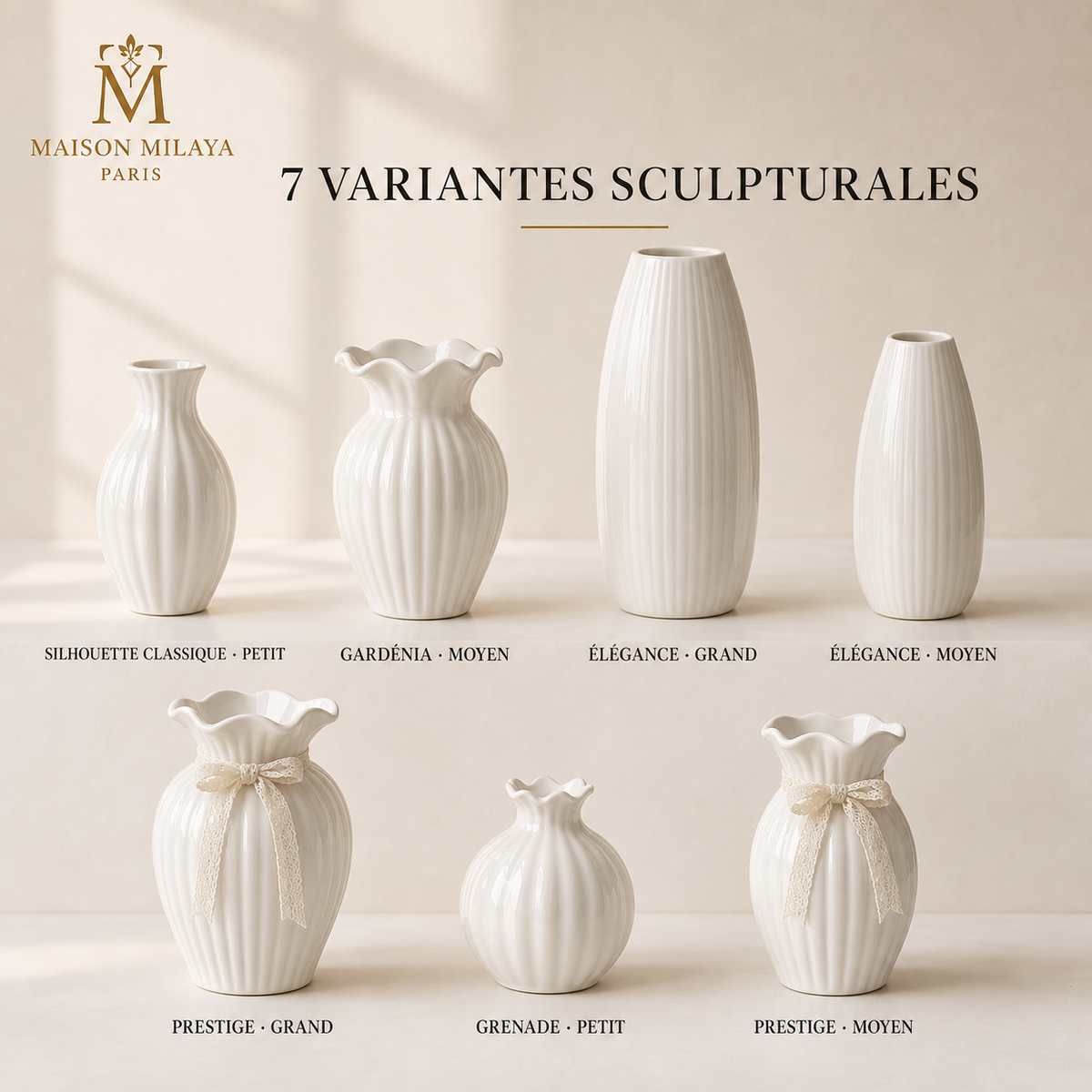 Collection de vases blancs sculpturaux – sept variantes