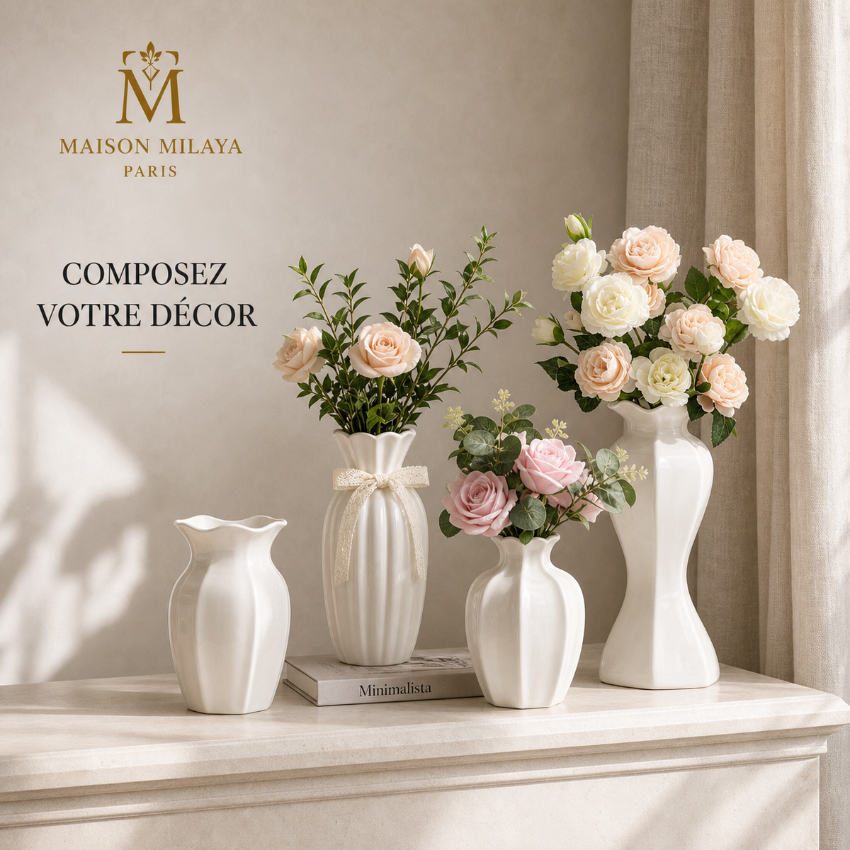 Vases blancs sculpturaux Maison Milaya – idée de composition