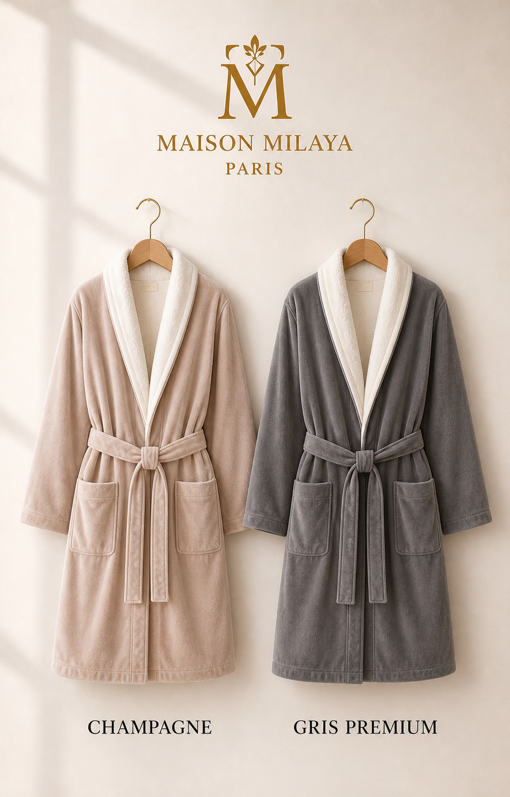 Peignoir court en velours Maison Milaya disponible en Champagne et Gris Premium
