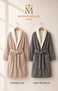Peignoir court en velours Maison Milaya disponible en Champagne et Gris Premium