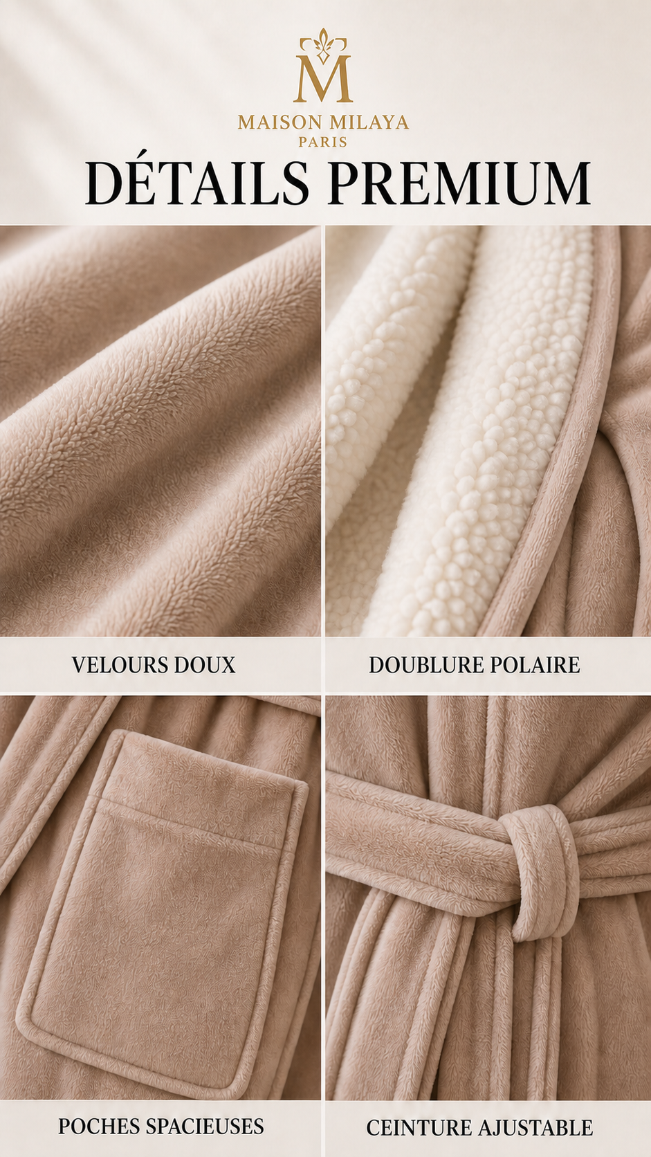 Détails du peignoir Maison Milaya : velours doux, doublure polaire, poches et ceinture