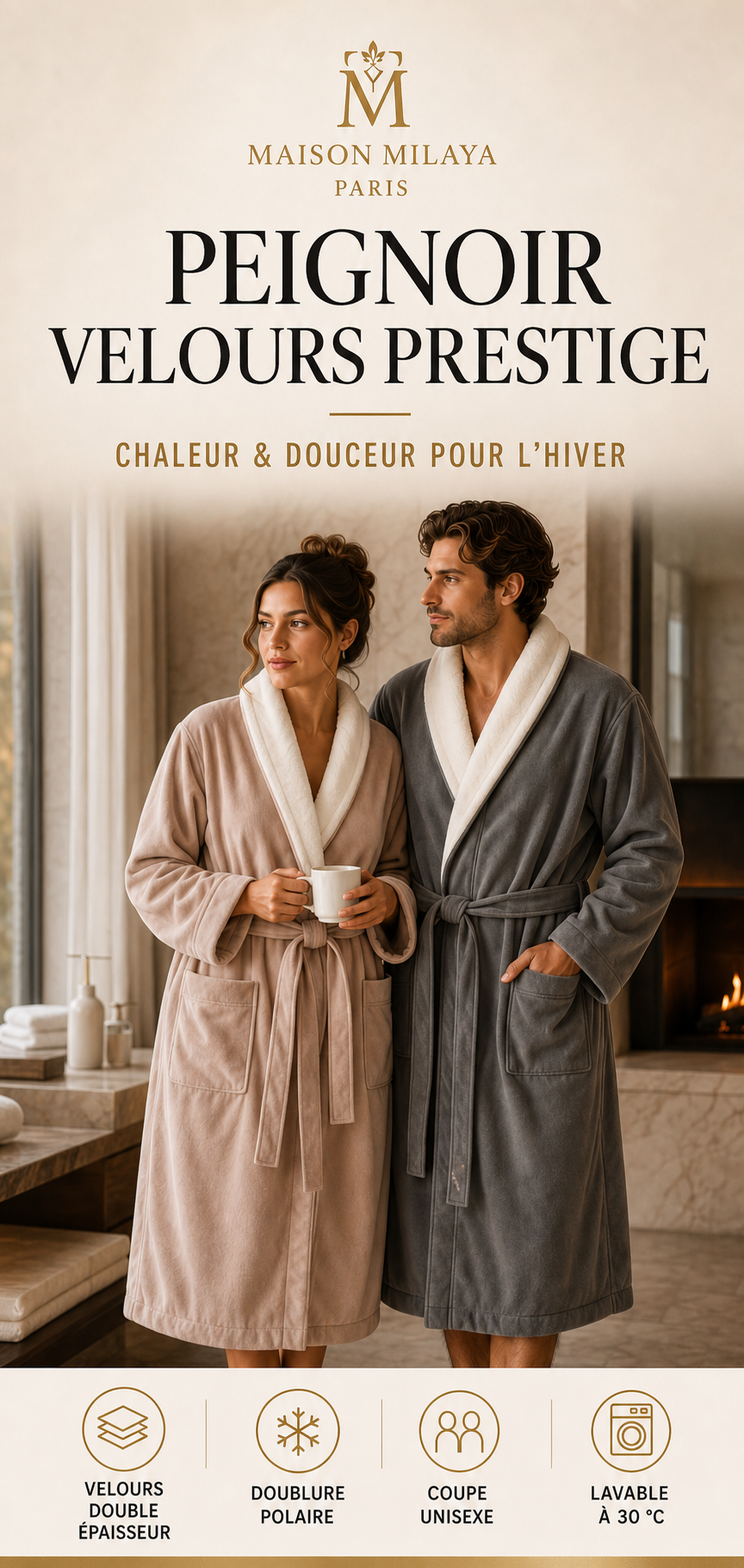 Peignoir Velours Prestige Maison Milaya, chaud, doux et doublé polaire