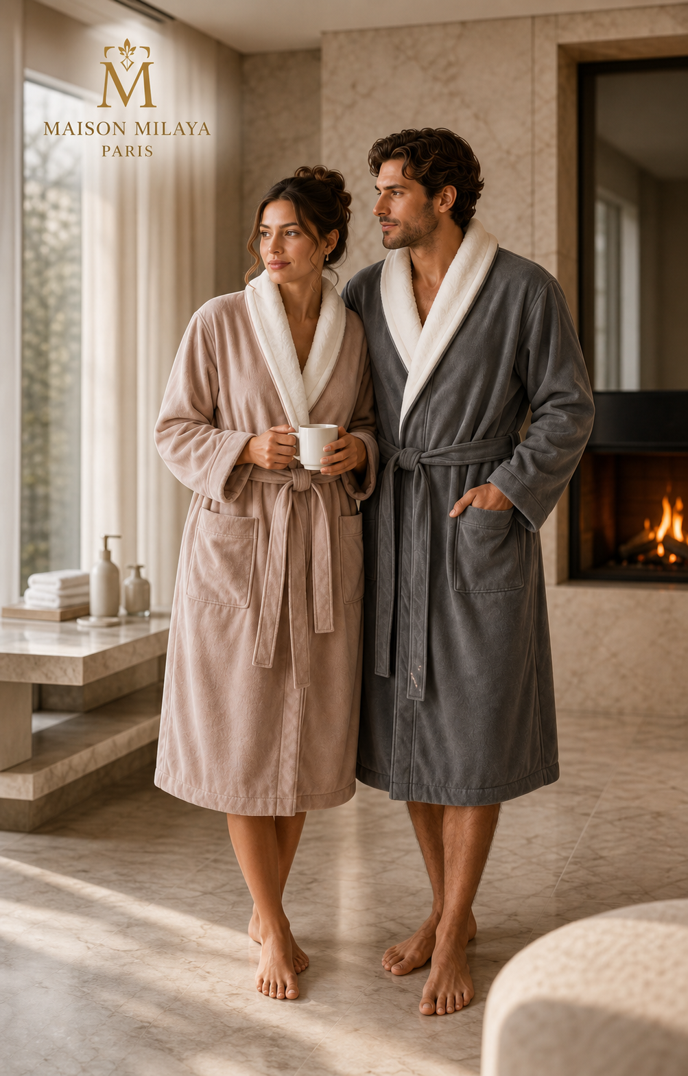 Couple portant le peignoir court en velours Maison Milaya, Champagne et Gris Premium