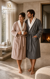 Couple portant le peignoir court en velours Maison Milaya, Champagne et Gris Premium