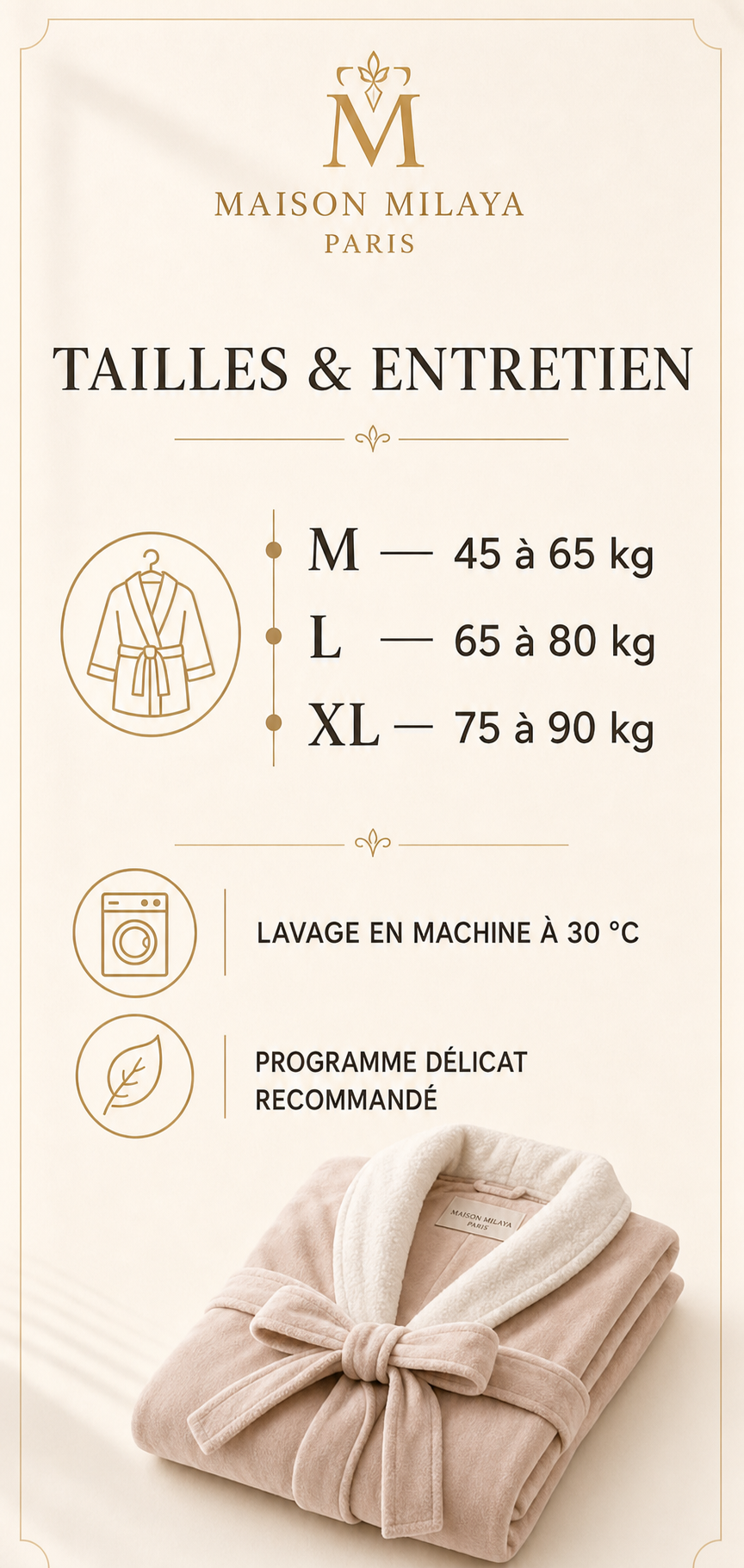 Guide des tailles et entretien du peignoir court en velours Maison Milaya