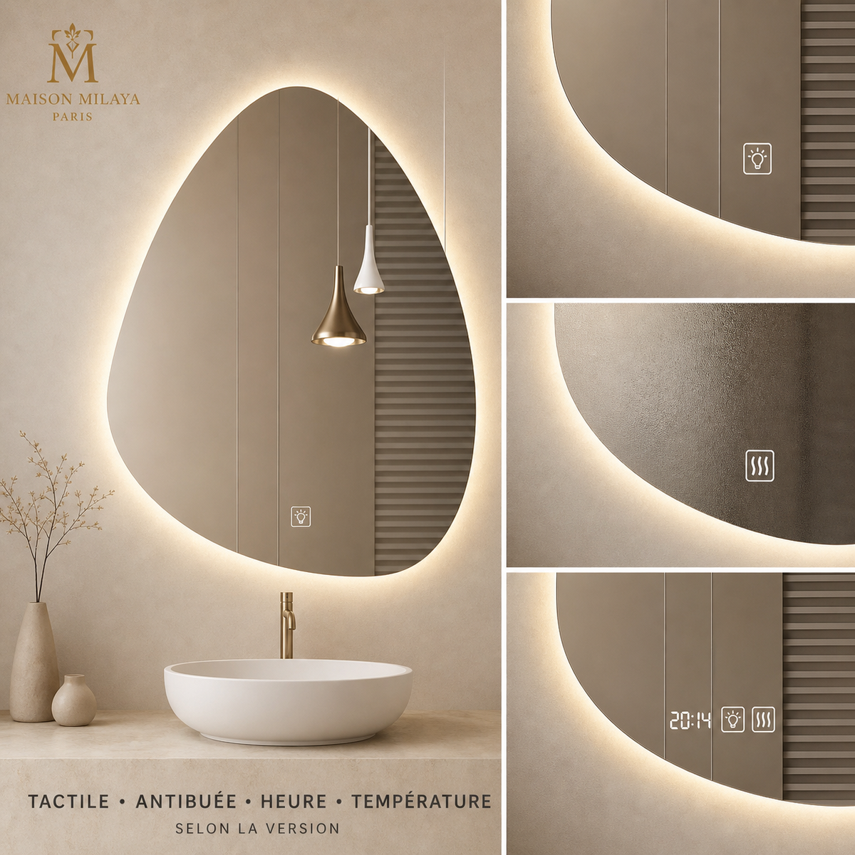 Miroir Goutte LED Tactile – visuel 4 – Maison Milaya Paris