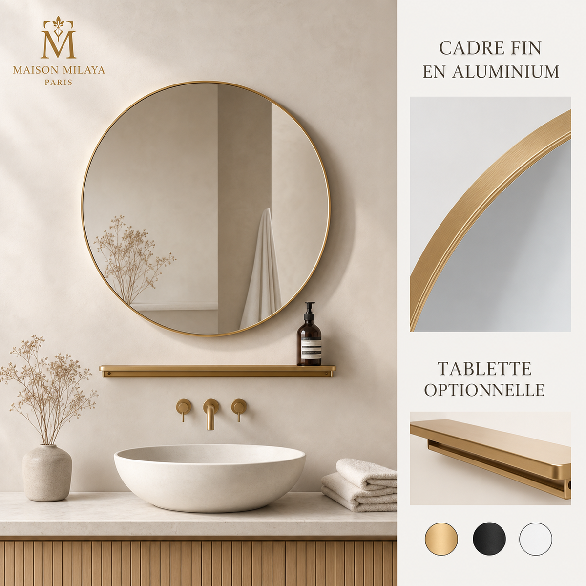 Miroir Rond en Aluminium avec Tablette – visuel 4 – Maison Milaya Paris