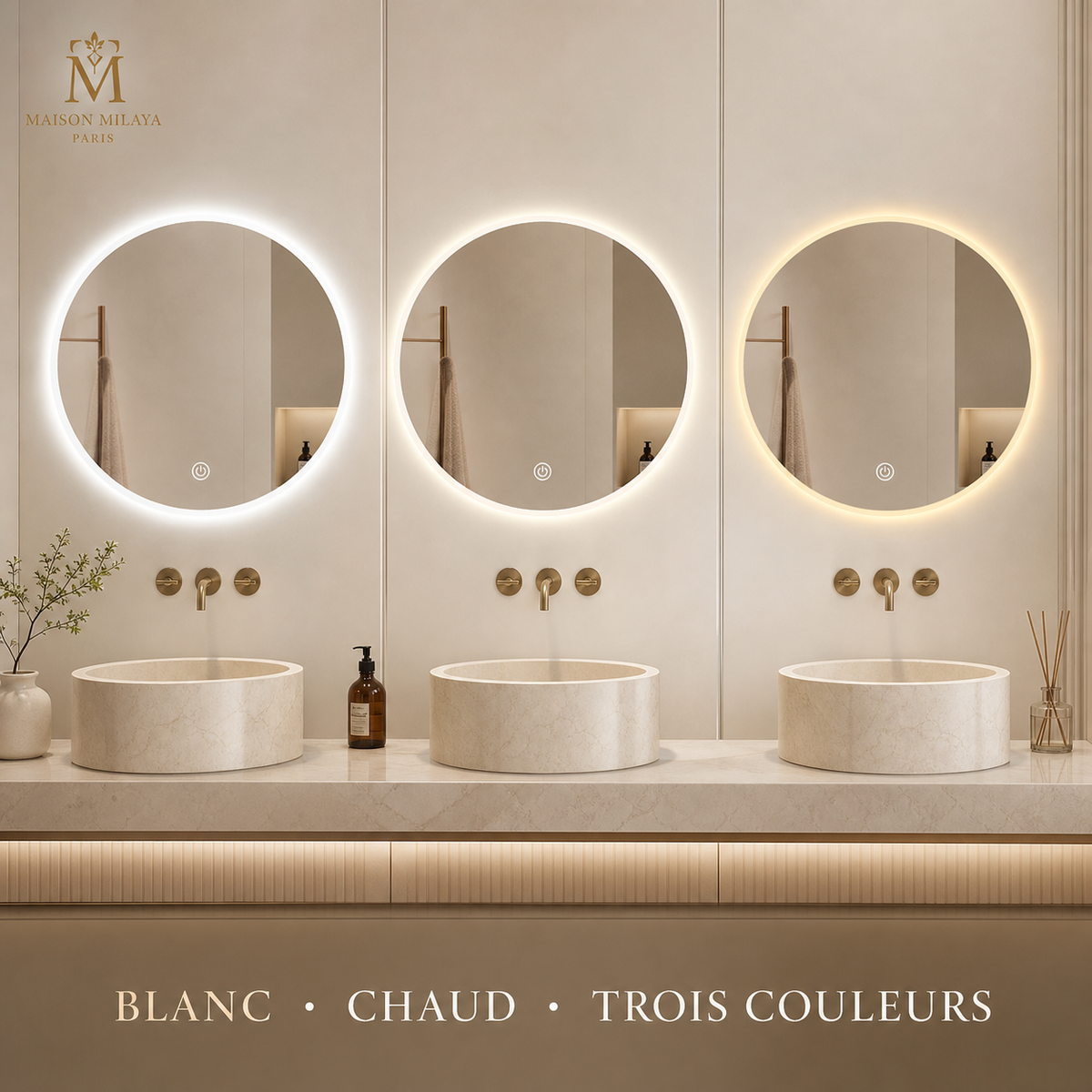 Miroir rond LED tactile – lumière blanche, neutre ou chaude