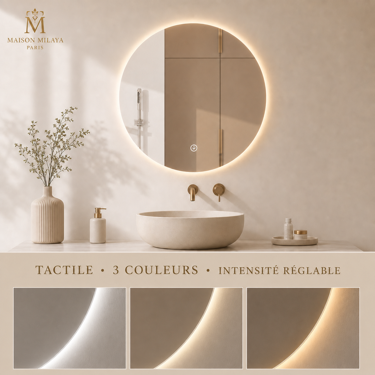 Miroir rond LED tactile trois couleurs et intensité réglable