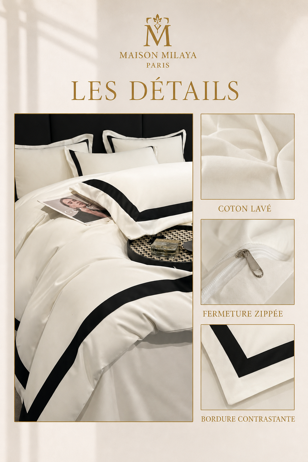 Parure de lit en coton lavé Maison Milaya Paris – détails et finitions
