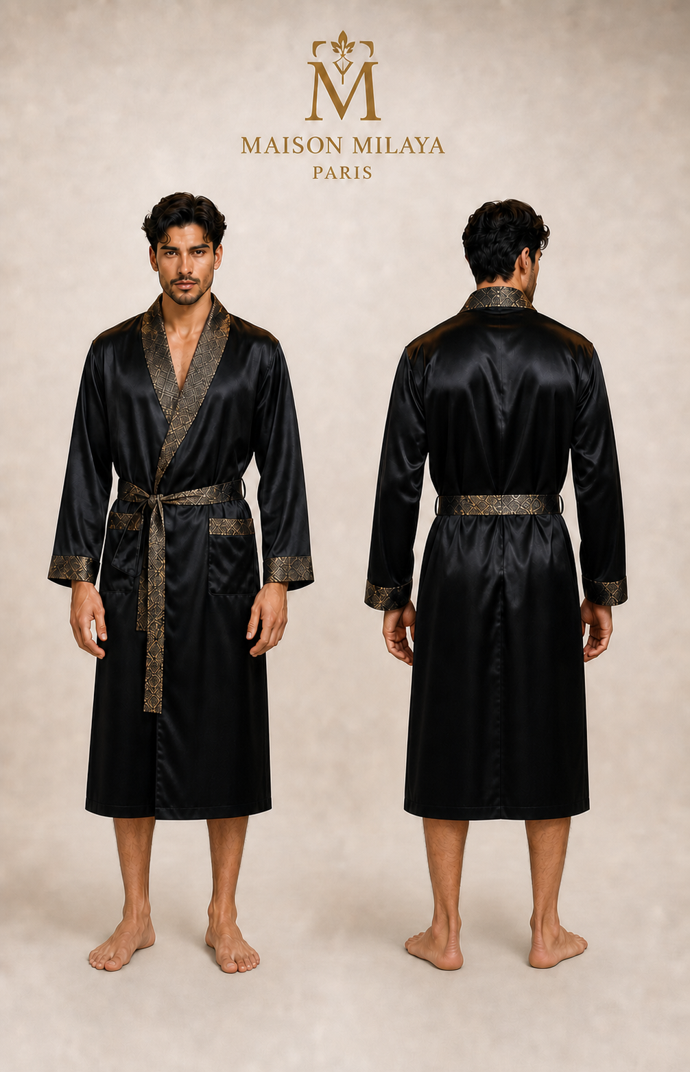 Vues avant et arrière de la Robe d’Intérieur Homme Satin Prestige noire