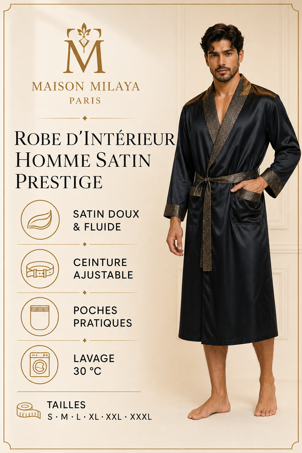 Avantages, tailles S à XXXL et entretien de la Robe d’Intérieur Homme Satin Prestige