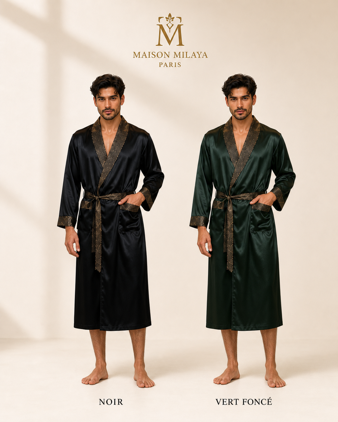 Robe d’Intérieur Homme Satin Prestige en coloris Noir et Vert foncé