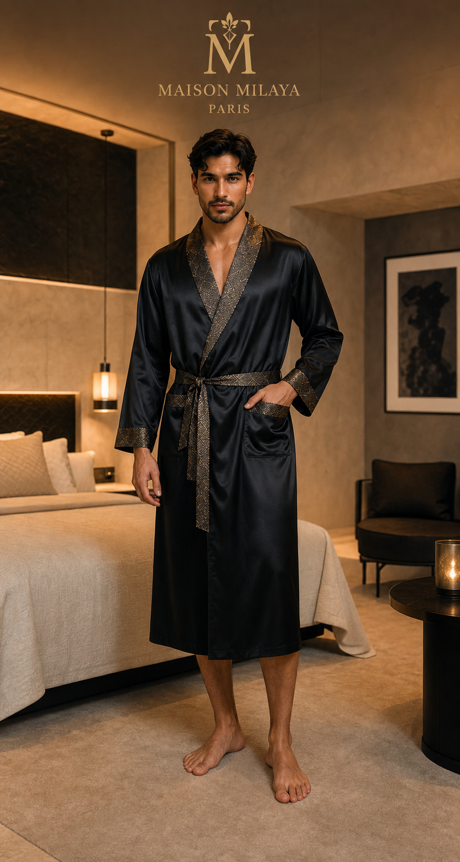 Homme portant la Robe d’Intérieur Satin Prestige noire – Maison Milaya Paris