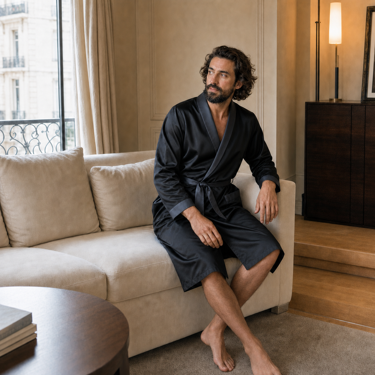 Modelo con bata negra para hombre con ribete gris azulado, sentado en un salón elegante
