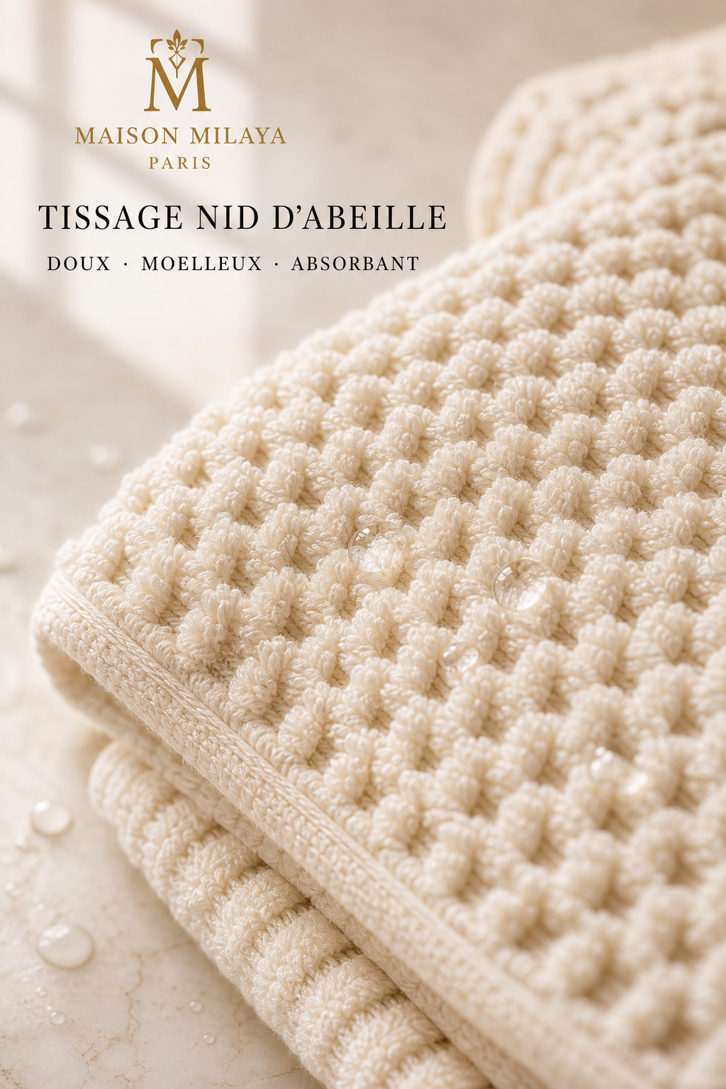 Gros plan du tissage nid d’abeille de la serviette Maison Milaya