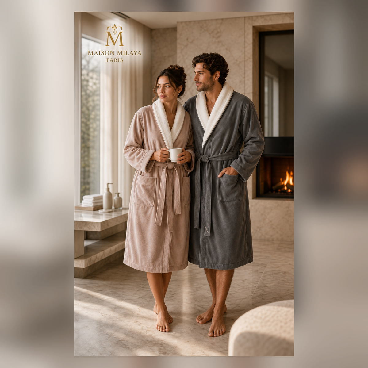 Coppia con accappatoi corti in velluto Maison Milaya, Champagne e Grigio Premium